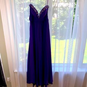 Purple strapless beaded gown